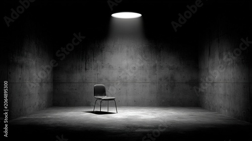 detention. Empty interrogation room with a harsh spotlight on a metallic chair, stark shadows. wellbeing guides, coaching materials, designed for coaching and self-improvement content.