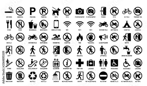Universal Signage Icons with Prohibition Marks and Permission Symbol Variations