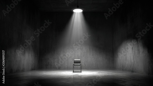 detention. Empty interrogation room with a harsh spotlight on a metallic chair, stark shadows. wellbeing guides, coaching materials, designed for coaching and self-improvement content.