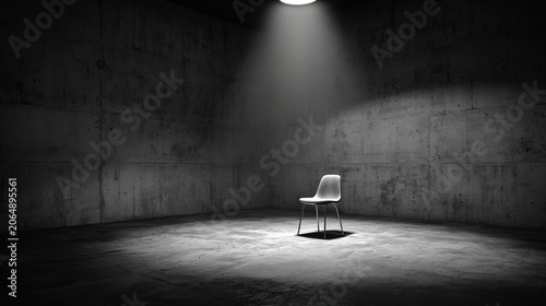 detention. Empty interrogation room with a harsh spotlight on a metallic chair, stark shadows. wellbeing guides, coaching materials, designed for coaching and self-improvement content.