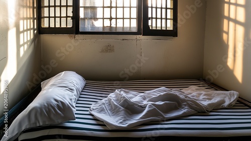 barrack. Empty military barrack bed with a neatly made uniform, sparse room in melancholic morning light. wellbeing guides.