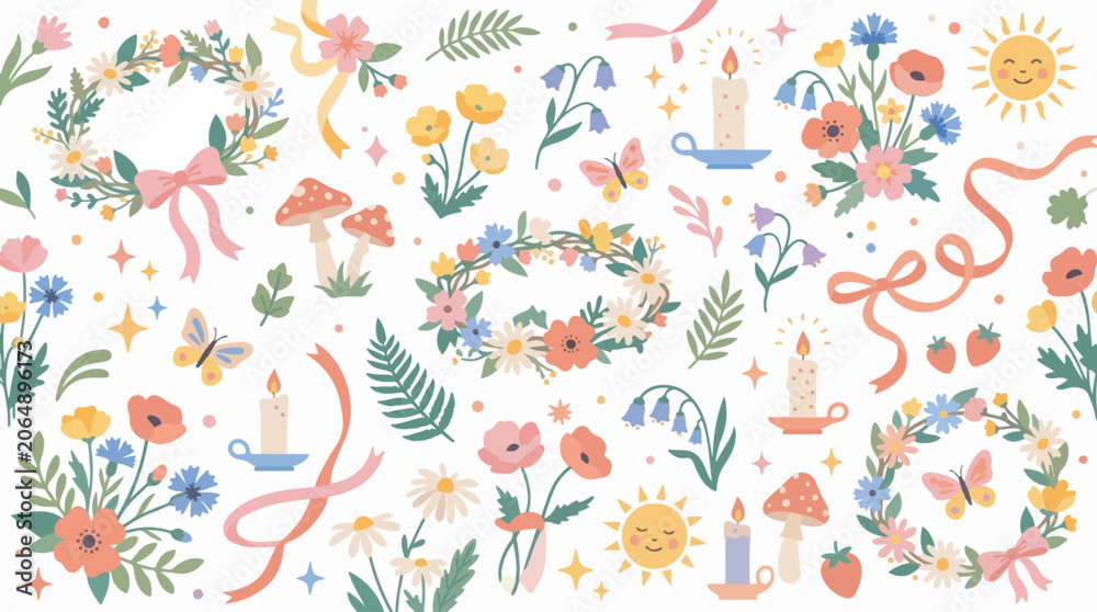 Obraz premium A vibrant collection of spring and summer elements including floral wreaths, wildflowers, butterflies, candles, and suns, arranged as a seamless pattern.