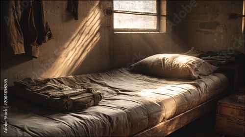 barrack. Empty military barrack bed with a neatly made uniform, sparse room in melancholic morning light. wellbeing guides.