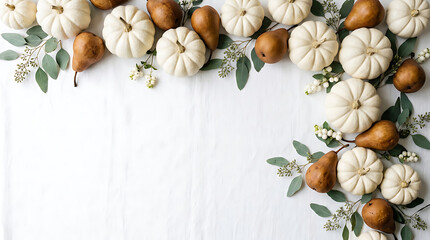 Autumn Harvest Arrangement of White Pumpkins and Pears with Eucalyptus Leaves on White Background