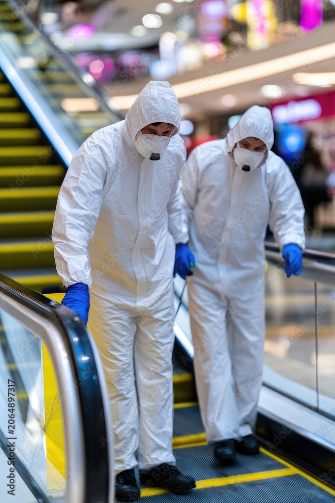 Fototapeta premium Hazmat Suited Workers on Escalator in Modern Shopping Mall for Decontamination