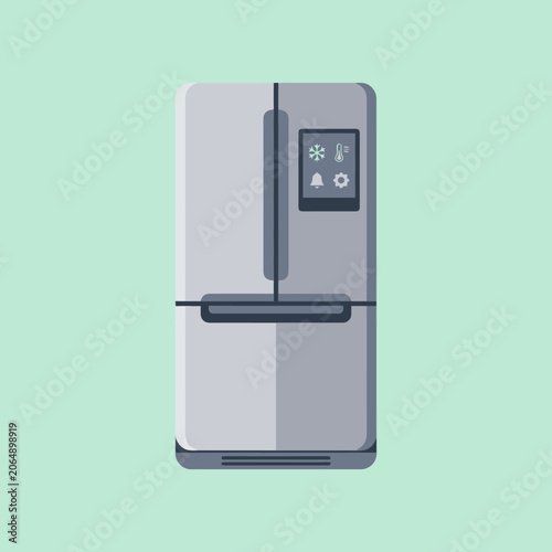 A modern smart refrigerator with a digital screen display