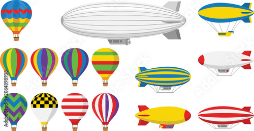 Fotografie Hot Air Balloons and Zeppelin Airships Set – Colorful Vector Illustration Collec