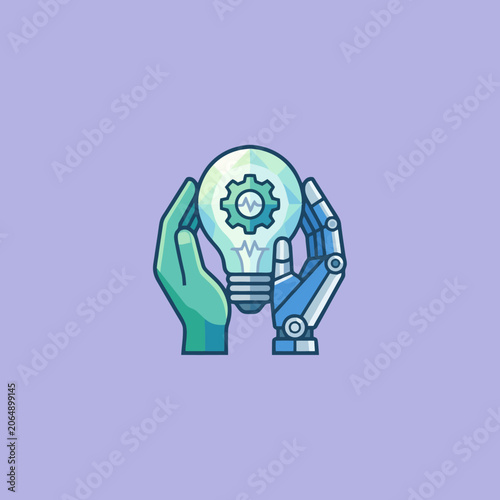 A human hand and a robotic hand holding a glowing light bulb