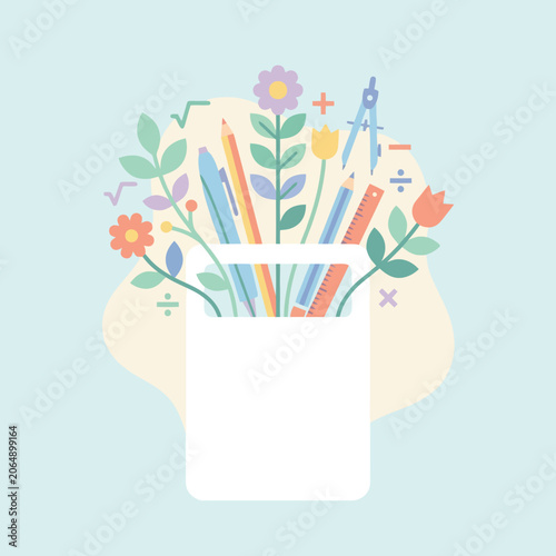 A pencil holder filled with colorful stationery and floral elements