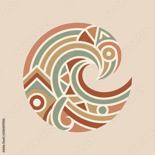 A circular graphic design featuring abstract wave patterns and shapes