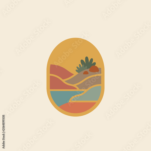 A minimalist illustration of a desert landscape inside an oval frame