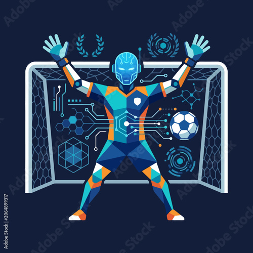 A futuristic robotic goalkeeper defends the goal in a digital match