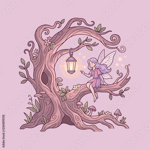 A small winged creature sits on a tree with a lantern