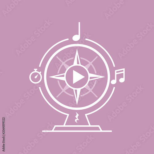 A white compass icon with media symbols on a purple background