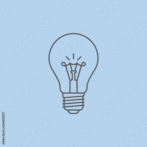 Minimalist line art icon of a light bulb on blue background