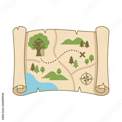 An illustrated vintage treasure map showing a path to gold