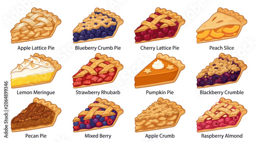 Variety of classic fruit and nut pie slices with labels