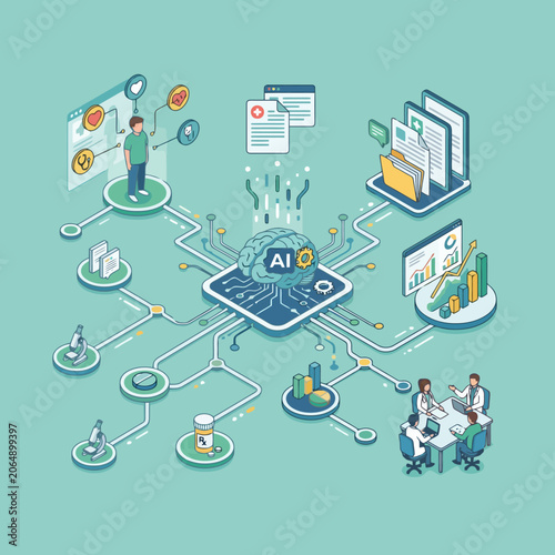 Isometric illustration of artificial intelligence in healthcare
