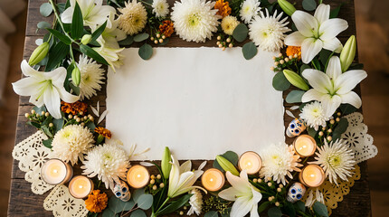 Beautiful Floral Arrangement with Blank Card and Candles.