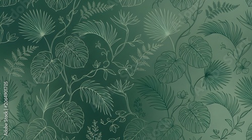 Monochrome Tropical Botanical Background in Sage Green