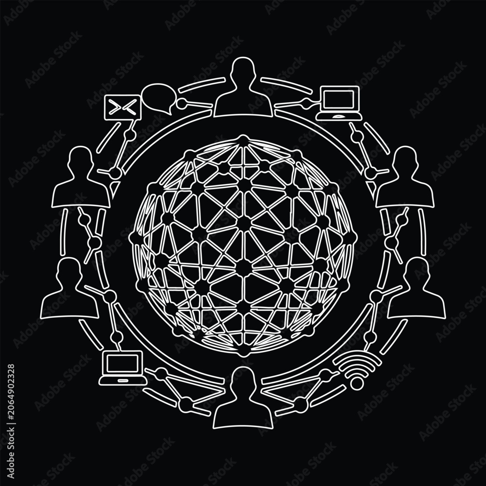Fototapeta premium Global network illustration with people and devices white on black background