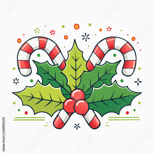 Christmas Candy Canes and Holly Berries Illustration