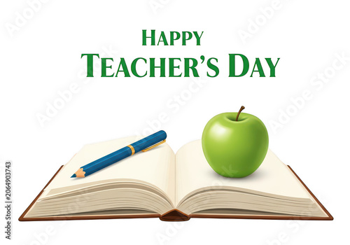Happy teacher day illustration with apple and open book PNG isolated on transparent background