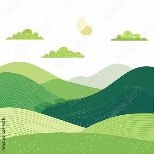 Stylized Green Rolling Hills Landscape with Clouds and Sun