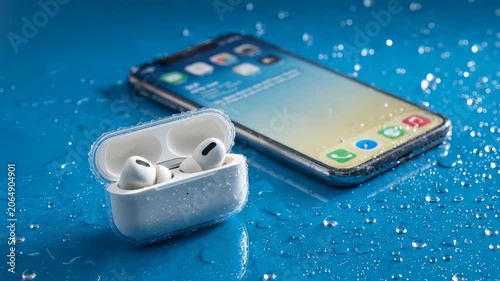 A pair of white wireless earbuds in an open charging case is placed next to a smartphone on a blue surface covered with water drops. The image emphasizes durability and smart connectivity
