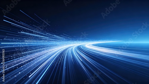 Dark blue background blue light trails left to right curved sweeping motion white glowing particles dotted dynamic energy converging tech abstract wallpaper