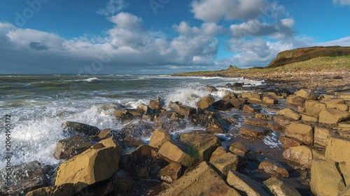 basalt. Hexagonal stone columns on a coast with waves and a dramatic sky. inspiring travel planning, ESG reports, designed for environmental awareness campaigns, used by store managers.