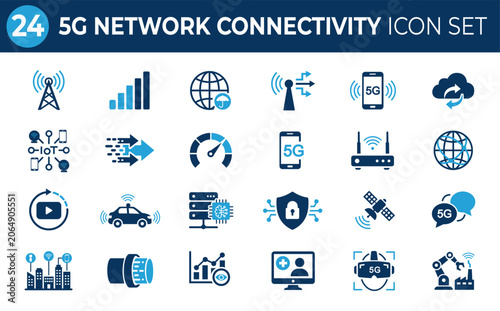5G network connectivity icon set. Featuring wireless telecom tower, smart iot devices, high bandwidth speed, satellite broadband, cloud computing symbols. Vector Illustration