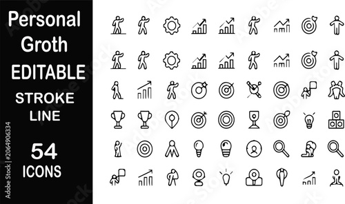 Fotografie Personal Growth Icons: A collection of 54 editable stroke line icons representing various aspects of personal growth and development, including career progression, goal setting, and self-improvement