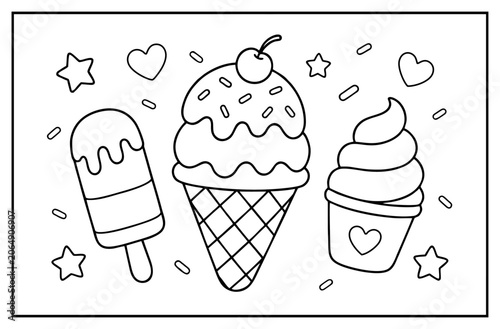 Bild auf Leinwand Ice cream coloring page with popsicles and cones featuring cute hearts and stars