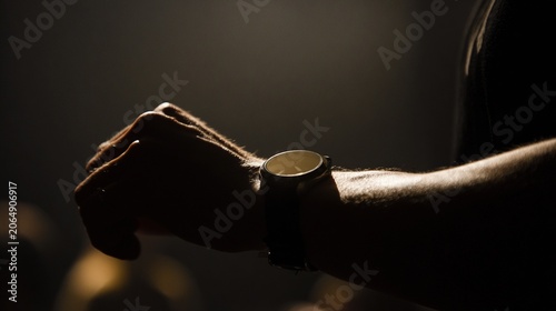 patience. Person checking time in a dimly lit room, conveying a sense of urgency with dramatic lighting. wellbeing guides.