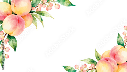 Watercolor frame with fresh peaches and green leaves