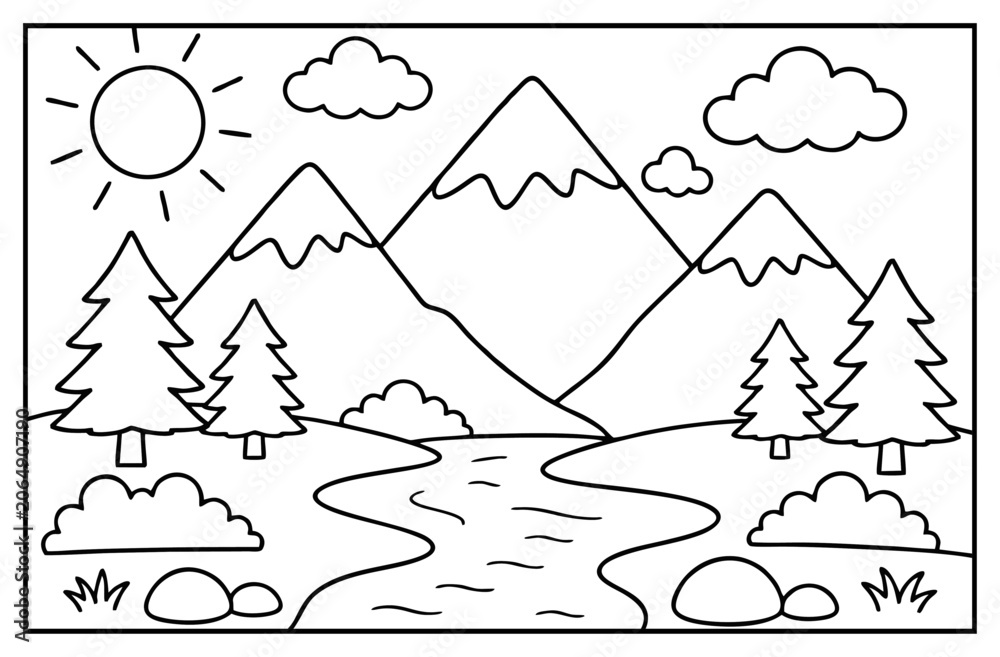 Fototapeta premium Mountain landscape coloring page featuring snow capped peaks trees river sun and clouds for kids