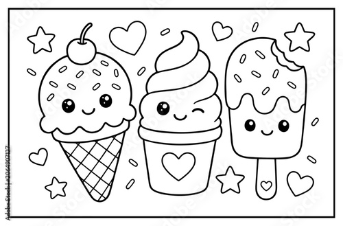 Canvas Print Ice cream coloring page featuring three cute kawaii characters with hearts and s