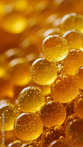 Golden translucent spheres with tiny bubbles inside create glowing warm abstract texture and soft focus effect close up image