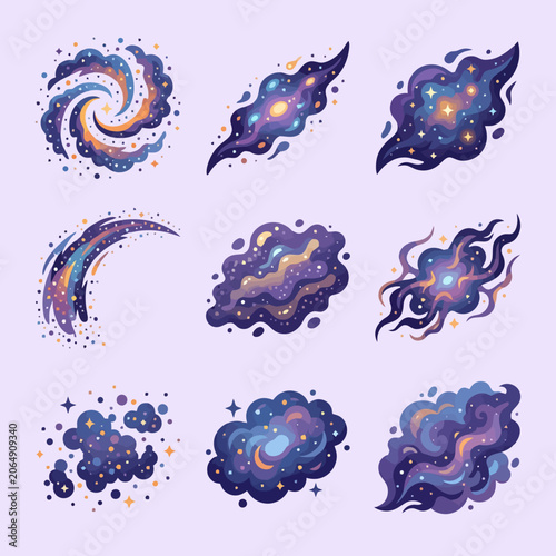 A collection of colorful cosmic nebula icons on a light background