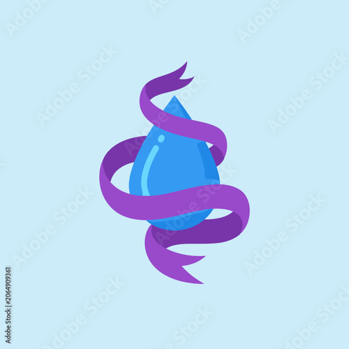 A blue water drop wrapped in a decorative purple ribbon design