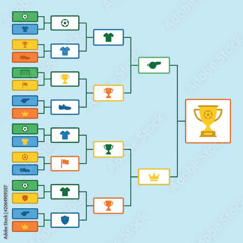 A colorful soccer tournament bracket leading to a golden trophy