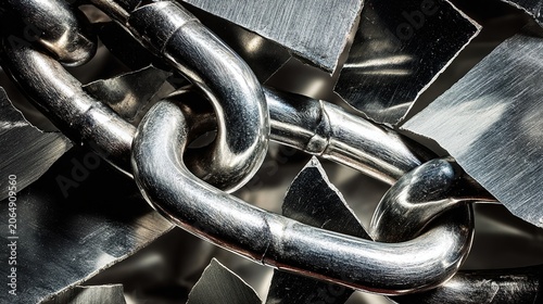 shards. Shattered metal chains and sharp geometric shards in a high-contrast monochrome composition. wellbeing guides, coaching materials, designed for coaching and self-improvement content.