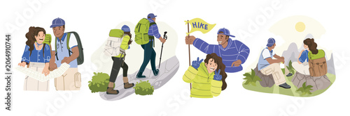 Blue Green Hiking Adventure and Outdoor Travel Vector Illustration