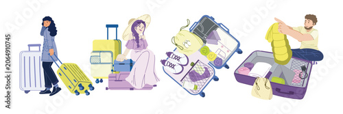 Blue Purple Travel Packing and Luggage Vector Illustration
