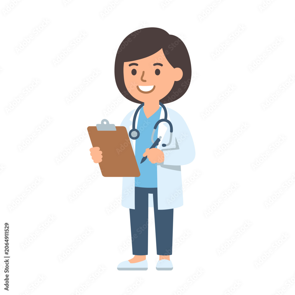 Fototapeta premium Smiling female doctor holding clipboard and stethoscope