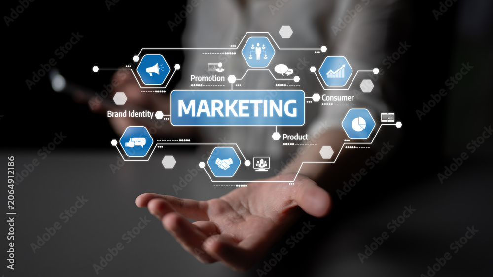 Fototapeta premium A conceptual visualization of digital marketing strategies with various icons, showcasing brand identity, promotion, and consumer engagement in a technological interface. Tessel