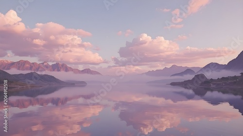 Surreal Cinematic Landscape with Dreamlike Mountains and Peach Lavender Clouds