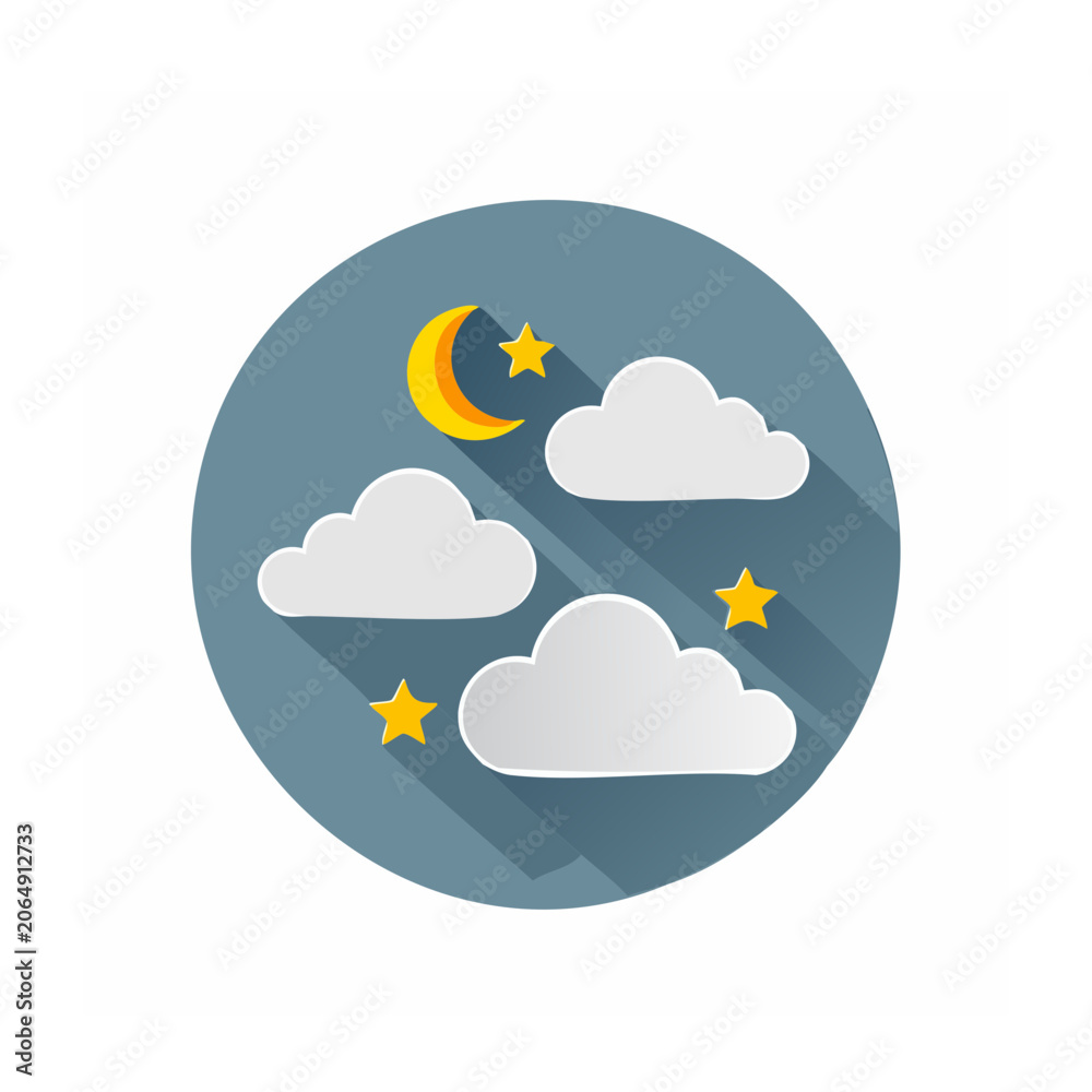 Obraz premium Flat design night sky icon with moon, clouds, and stars