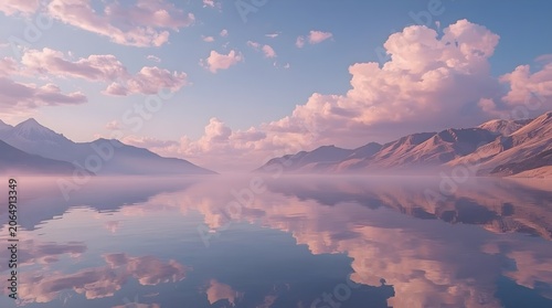 Pastel Dream World Mountains Floating Above a Glass Like Lake